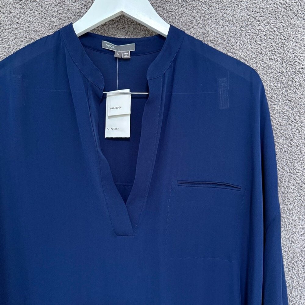 Vince Half Placket pocket long sleeved silk top / tunic Sapphire Blue Large